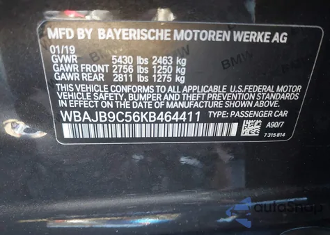 2019 BMW M550I xDrive из США, поврежденный, VIN WBAJB9C56KB464411